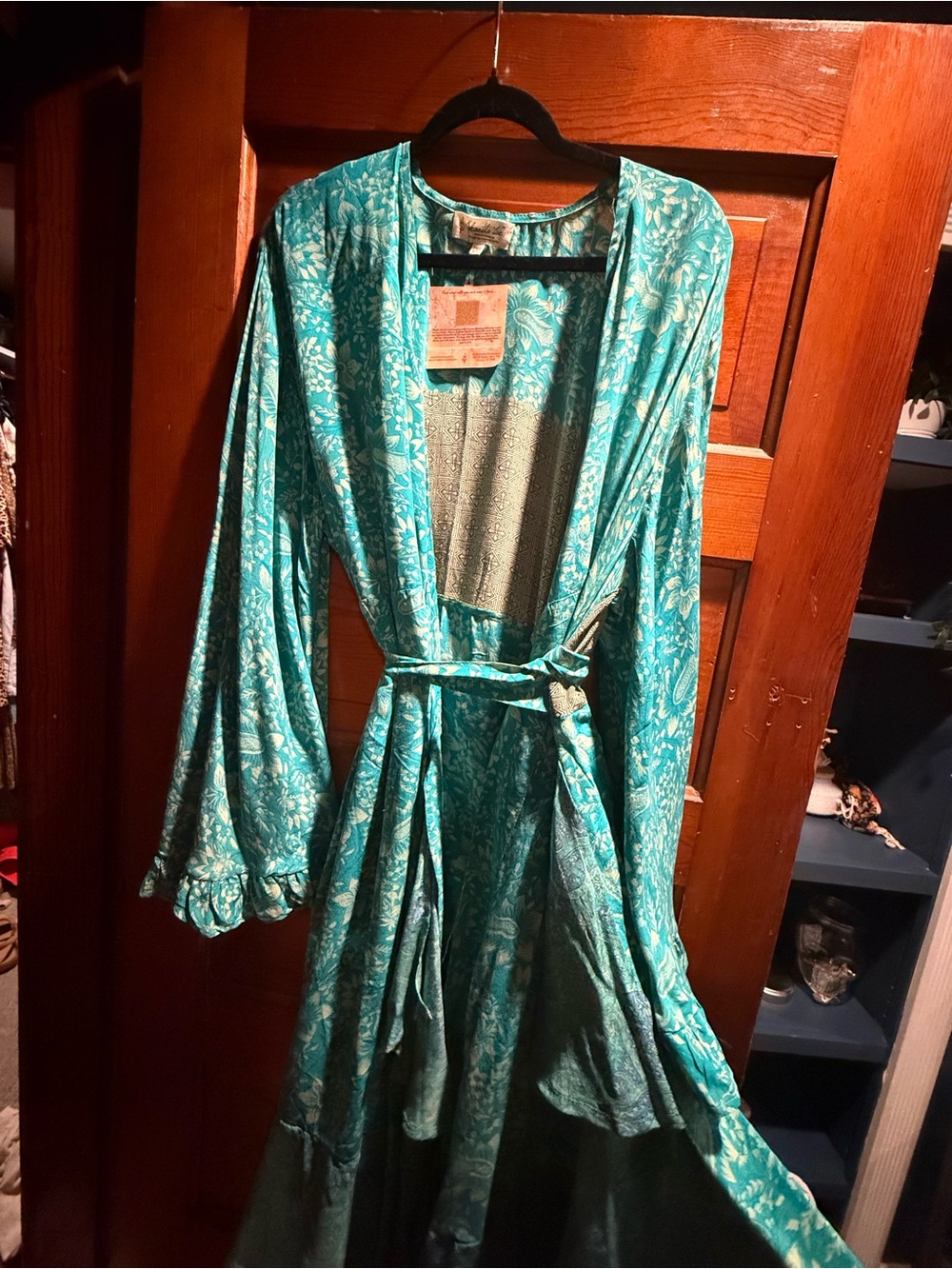 Kantha Bae Ultra lux vintage crepe sari wrap dress with bell sleeves